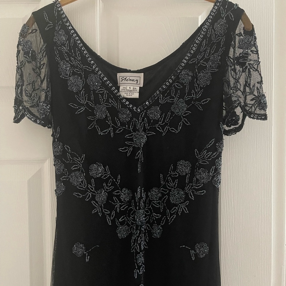Stenay beaded black cap sleeve sheer sheath dress